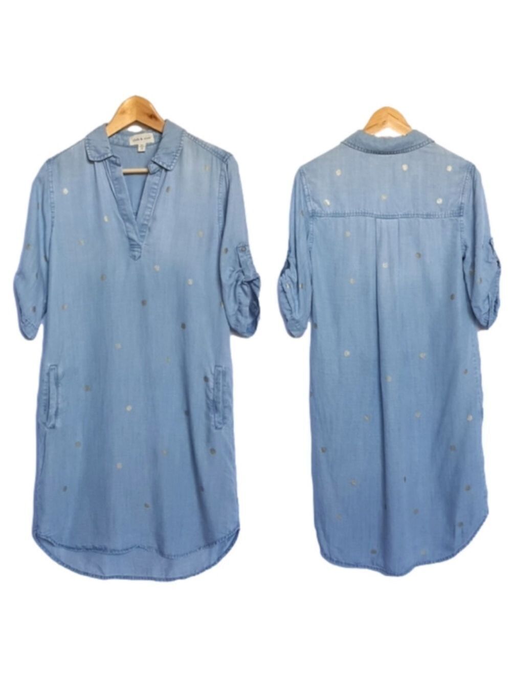 Anthropolgie Chambray TShirt Dress Womens XS Blue Gold Dot SS Oversized